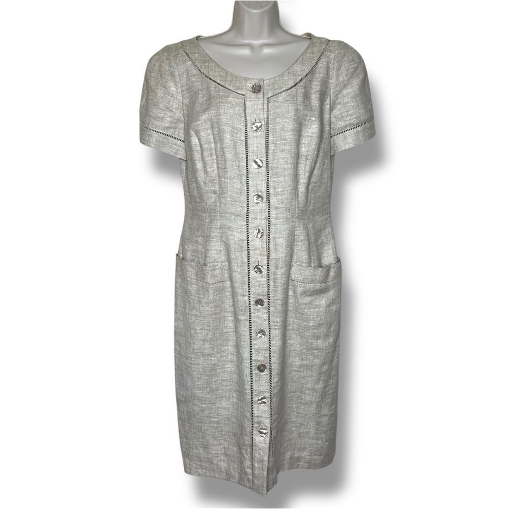 Vintage Marie St Claire Linen Button Front Neutral Tan Sheath Dress Women 12